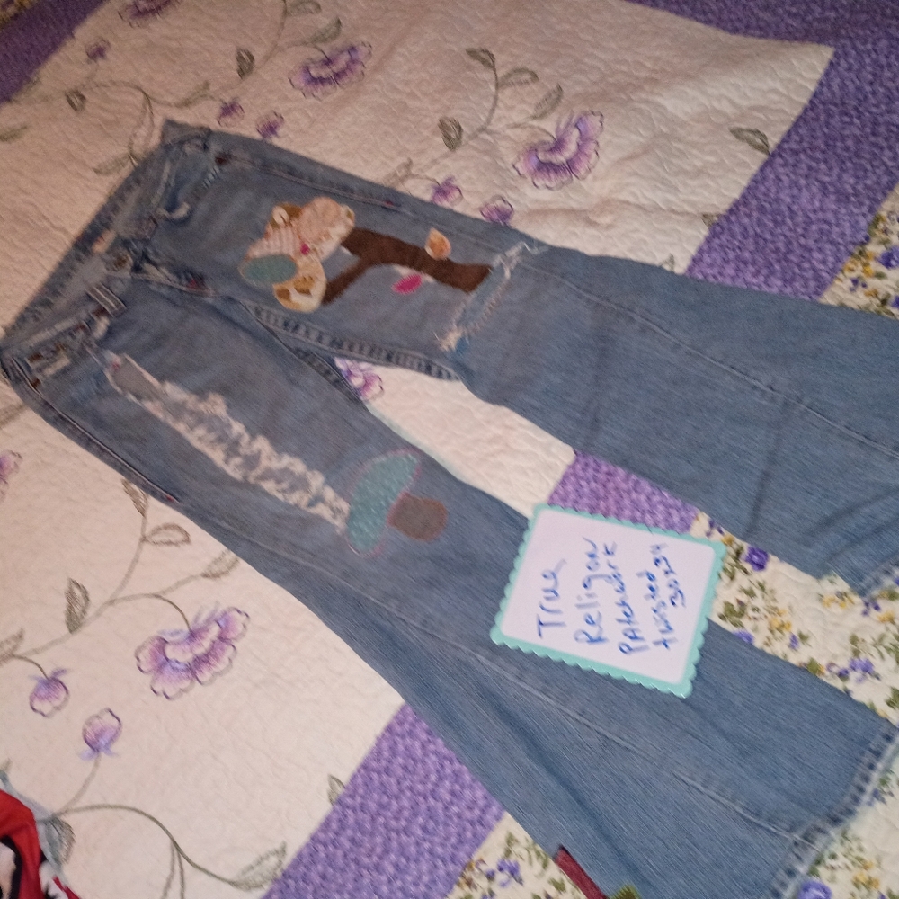 Vintage Y2K True Religion Distressed Jeans Pants Flare Wide Leg 30 Rare Print